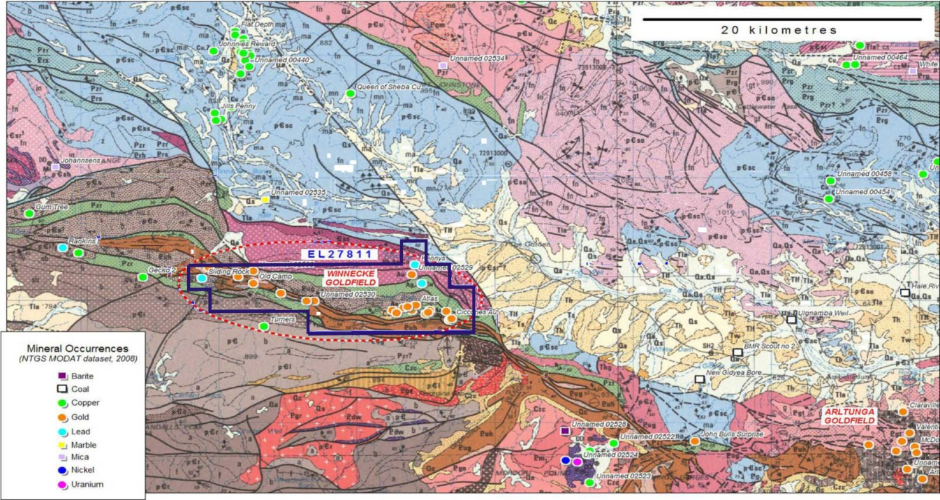 Distribution of gold deposits in AMI's Winnecke Goldfield Area